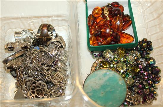 Mixed costume jewellery, amber beads & silver jewellery